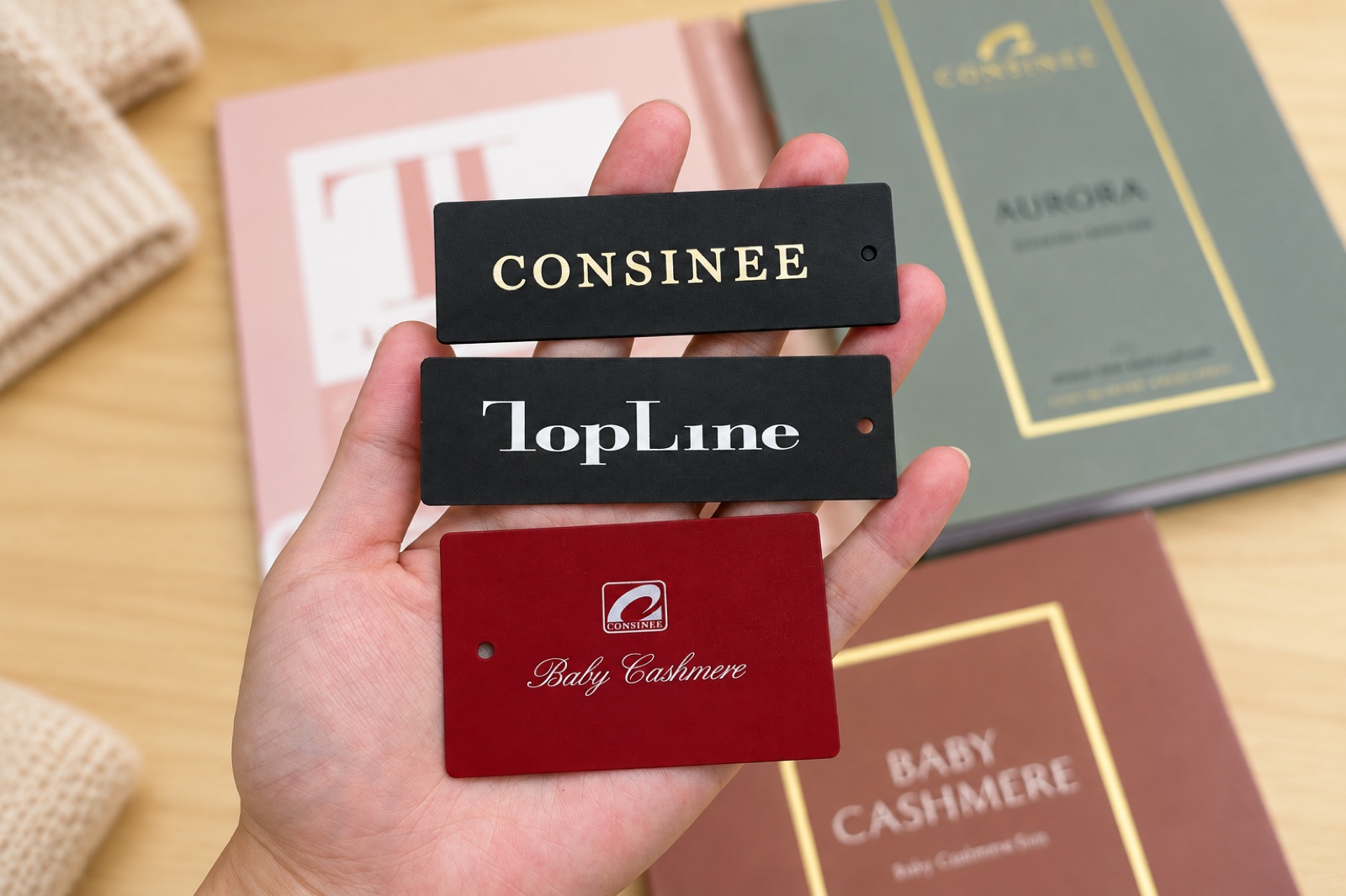Consinee and TopLine yarn collection tags